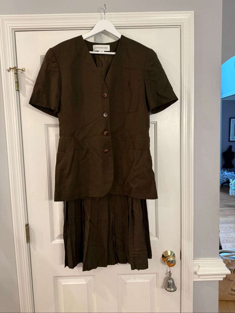 Jones New York Olive Brown Drop Pleat Linen Skirt Suit sz 8 EUC